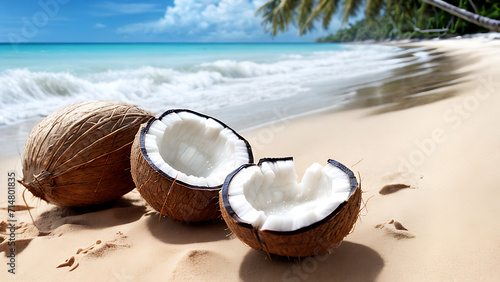 Coconut on sand beach sea. Tropical island. Ocean landscape. Summer hot weather