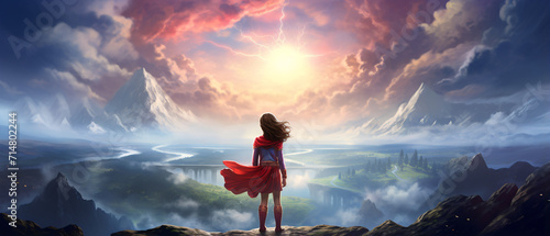 A heroic girl stands, gazing at the expansive sky, embodying strength and wonder, as she observes the vastness of the landscaped horizon.