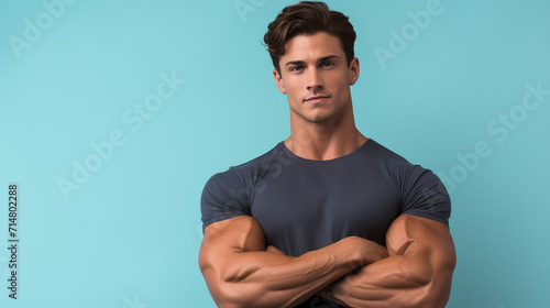 Fit, athletic man showing his muscles on colored background photo