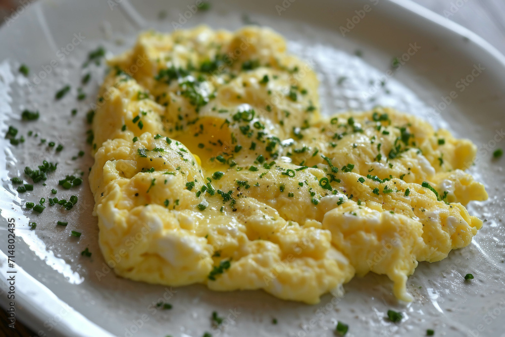 Scrambled egg in shape of heart on white plate top view Scrambled egg in shape of heart on white plate top view