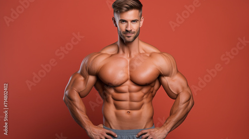 Fit, athletic man showing his muscles on colored background © patternforstock