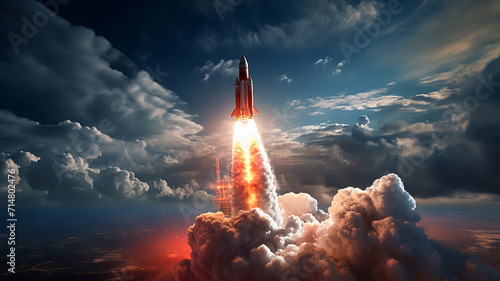 Image of a space rocket taking off from the launch pad. sent to explore outer space