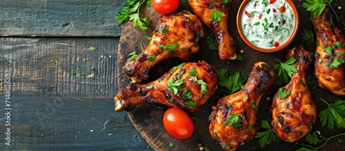 Chicken legs with barbecue, tzatziki sauce, tomatoes, parsley herbs, viewed from the top.