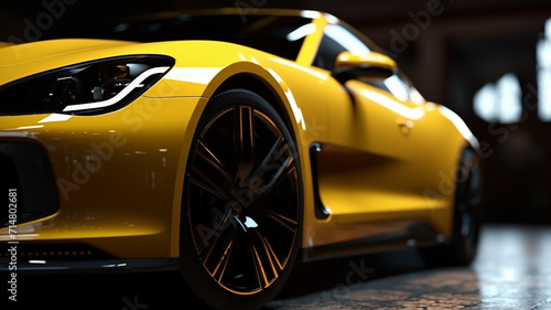 Closeup on front of generic and unbranded car A super yellow sports car background wallpaper illustration photo