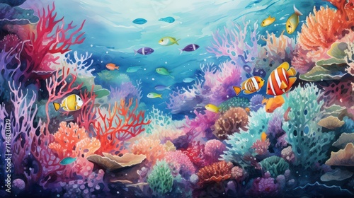 Vibrant underwater scene with diverse coral and tropical fish