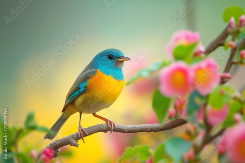a colorful bird perched on a branch in a natural outdoor setting. It showcases the vibrant feathers and the bird's interaction with its environment. The bird its vibrant feathers are prominently  © Nataliia_Trushchenko