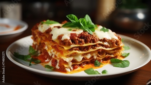 Delicious layered lasagna garnished with fresh basil on a white plate