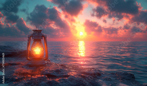 A lantern on a rock in the ocean. Generative AI