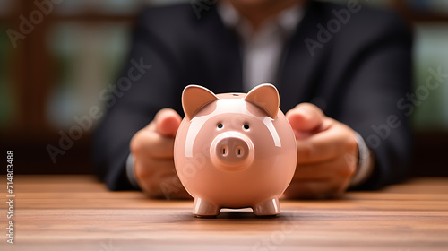 A businessman holding a pink piggy bank on the table in the office,AI generated