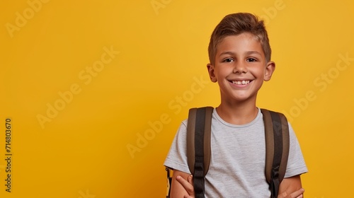 Happy smiling 10 year-old mixed race boy with backpack and books ready to go to school isolated on yellow background with copy spcae photo