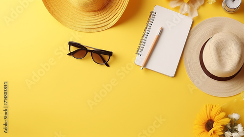 planning summer holidays trip and vacation on yellow background photo