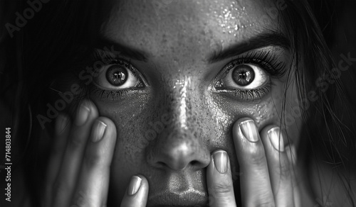 Scared woman and cover face with hands. Mental Health concept. Generative AI