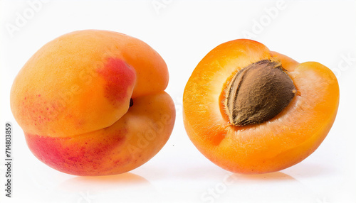 Whole and cut apricots isolated on white background, stone fruit, fresh organic food