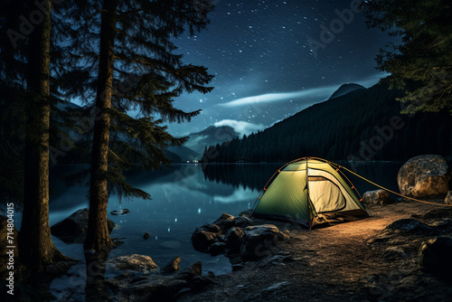 A tent camping besides a beautiful lake