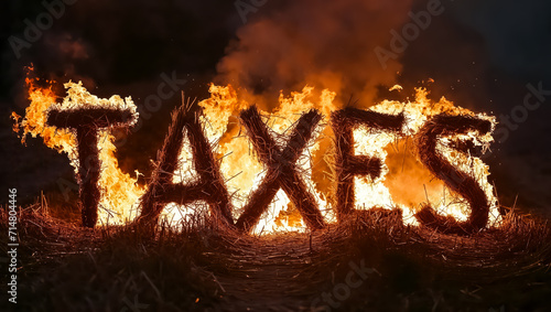 le mot "TAXES" en paille et en train de brûler pour montrer la colère des agriculteurs