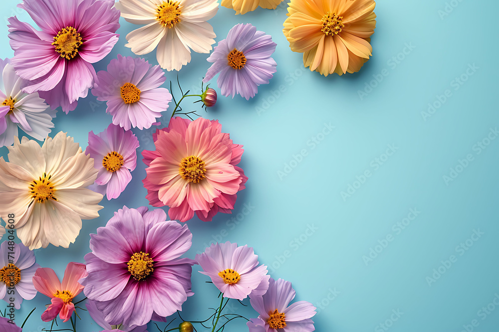 Blossoms on Blue: Colorful Flowers on a Light Blue Background, Creating a Vibrant Scene with Ample Copy-space