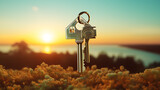 Real state key with sun rays and clouds, Symbolic key, a Key in a keyhole with sun ray on the sky background, AI-generated