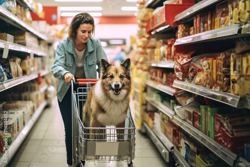 Woman and a dog in a pet food store between shelves.