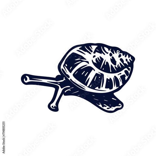 Handmade blockprint snail vector motif clipart in folkart scandi style. Simple monochrome linocut mollusc shapes with naive rural lineart.
