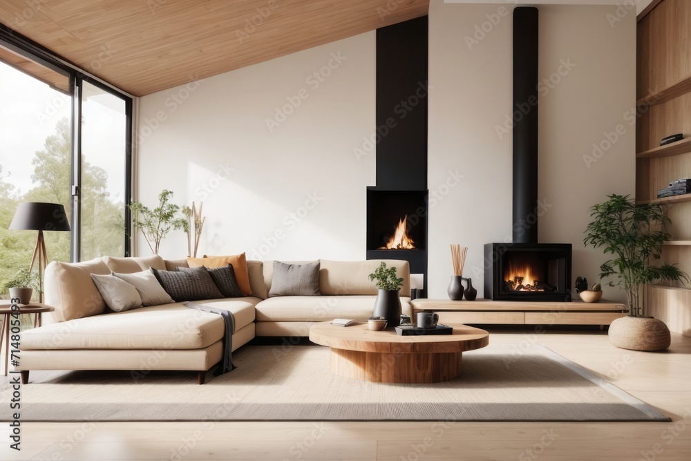 Japandia interior home design of modern living room with beige sofa and round wooden table with fireplace and wooden furniture near the window Japandia interior home design of modern living room with beige sofa and round wooden table with fireplace and wooden furniture near the window