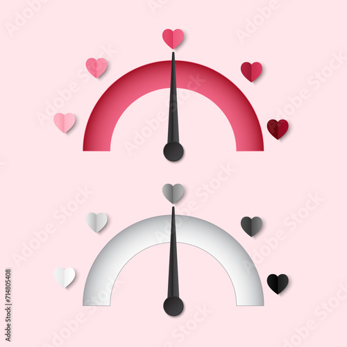 Love meter heart indicator. paper cut-style. Black and white and colorful Valentine's Day concept. A test for the power of love.