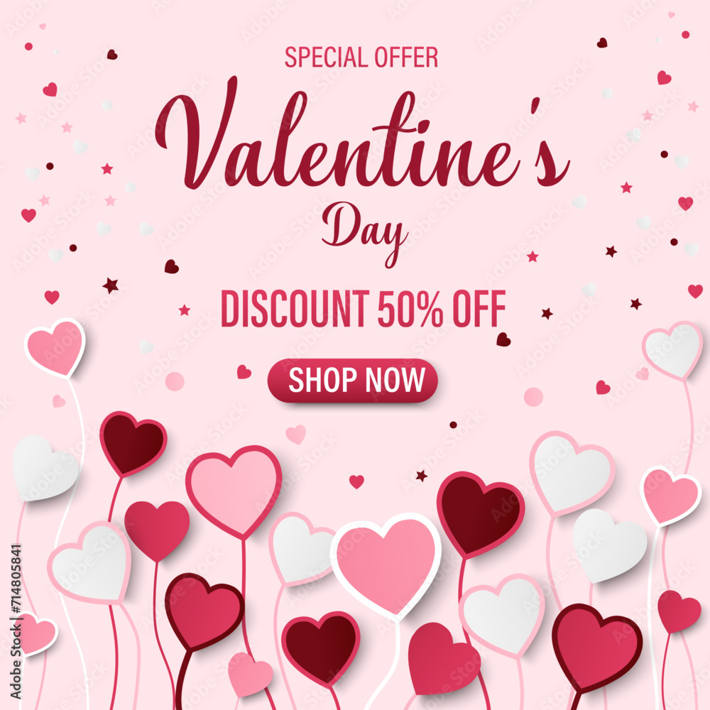 Valentine's day Background with Heart shape Paper cut. Vector illustration. Creative design for sale concept, voucher template, posters, brochure.  Pink banner party invitation template.