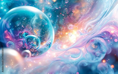 A Dreamscape of Quantum Foam and Cosmic Blurs Texture. Whirling Nebulas with Brightly Colored Water Bubbles