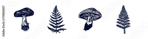Handmade blockprint mushroom fern vector motif clipart set in folkart scandi style. Simple monochrome linocut fungi shapes with naive rural lineart collection