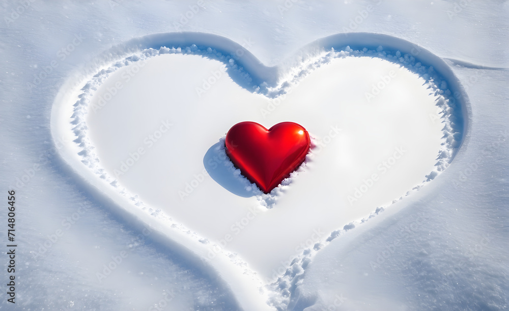 A red heart on the snowfield, background, Valentine's Day, Christmas. Generative AI