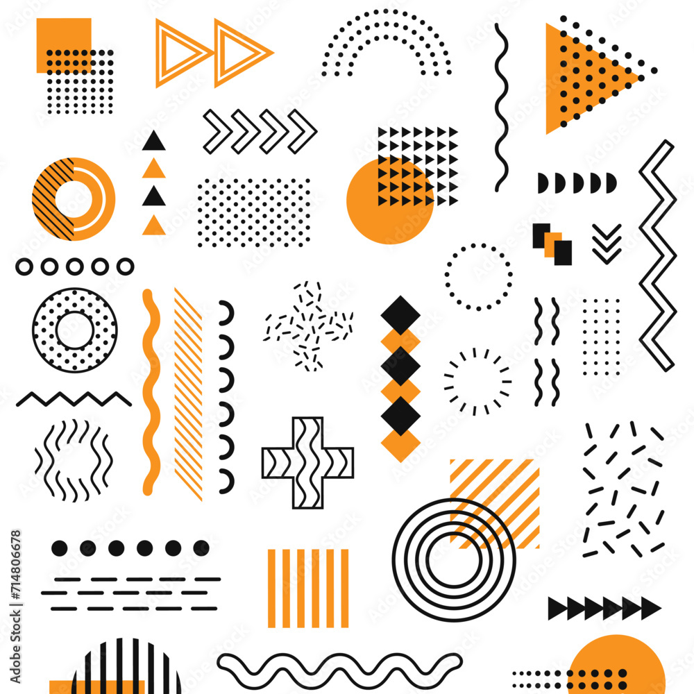 Naklejka premium Set of 100 geometric shapes. Memphis design, retro elements for web, vintage, advertisement, commercial banner, poster, leaflet, billboard, sale. Collection trendy halftone vector geometric shapes.