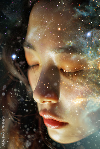 A close up of an Asian woman face blended with galaxy