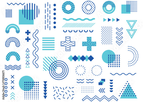 Memphis geometric abstract background. Modern, hipster pattern with geometric figures, halftone dots, graphic lines for tissue, wallpapers and postcards. Blue and golden colors. Style 80s, 90s. Vector