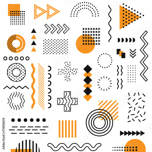 Set of 100 geometric shapes. Memphis design, retro elements for web, vintage, advertisement, commercial banner, poster, leaflet, billboard, sale. Collection trendy halftone vector geometric shapes.
