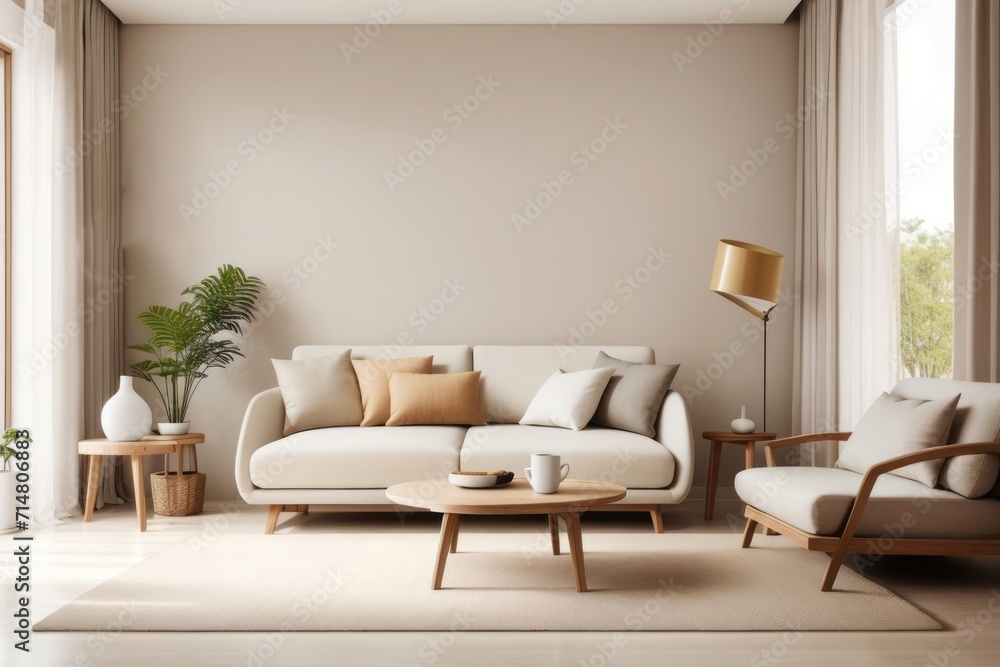 Fototapeta premium Japandi interior home design of modern living room with beige sofa and wooden furniture and houseplants on the beige wall of the copy space