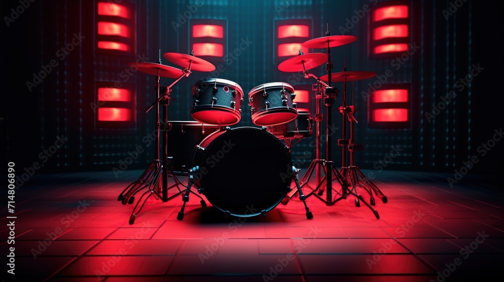 A Professional Rock Drum Kit With Striking Red Backlight In A Dark Room Background	