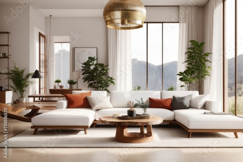 Japandi interior home design of modern living room with beige sofa and live edge coffee table with large window