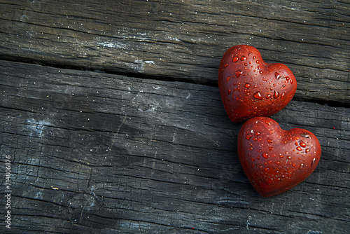 Hearts Embrace: Valentine's Day Background Featuring Two Red Hearts on a Warm Wooden Backdrop