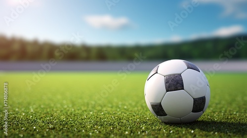 Soccer ball on lush green field soccer stadium background 