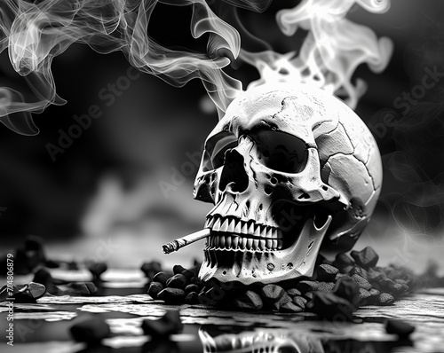 The grim reality of smoking represented by the image of a smoking skull. Black and white image. Copy space