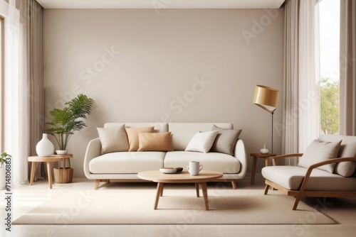 Japandi interior home design of modern living room with beige sofa and wooden furniture and houseplants on the beige wall of the copy space