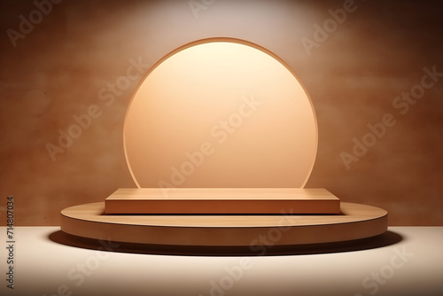 podium and minimal 3d rendering of a golden in a room with a brown wall.