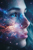 A close up of an woman face blended with galaxy
