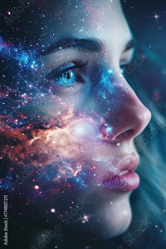 A close up of an woman face blended with galaxy