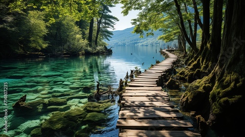 Stunning scenic wooden trails in colorful dense forests with clean lakes. Beautiful tourist destinations.	 photo