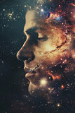A close up of a man face blended with galaxy