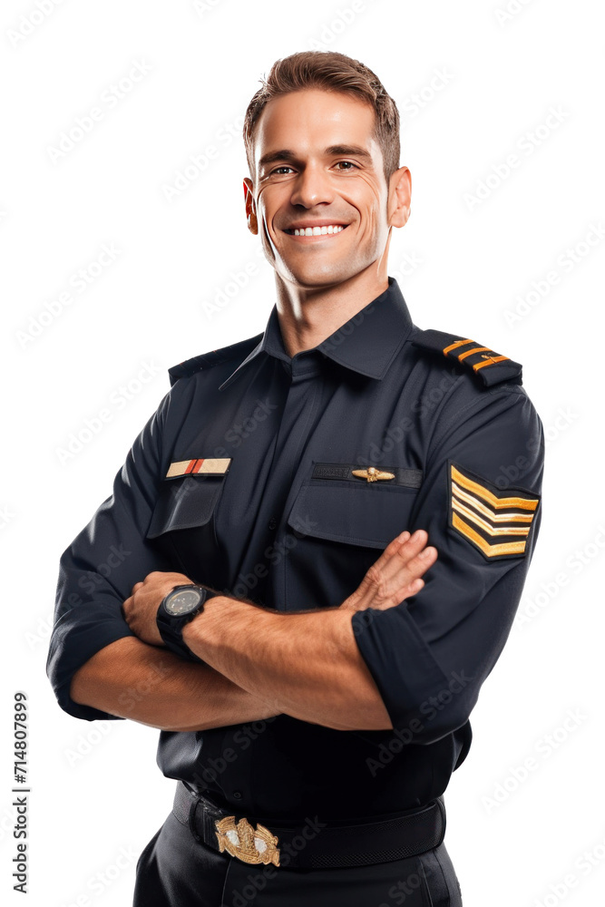 A confident male pilot in uniform keeping arms crossed and smiling while standing isolated on a transparent background. A confident male pilot in uniform keeping arms crossed and smiling while standing isolated on a transparent background.