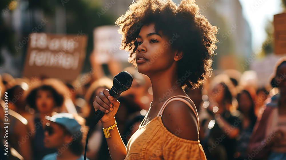 A person engaged in public speaking holding microphones, advocating for social justice and equality - obrazy, fototapety, plakaty 