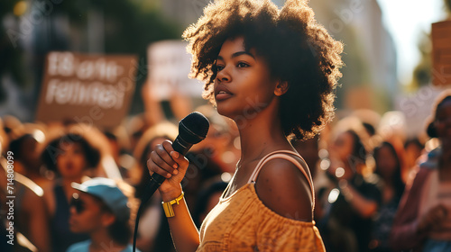 A person engaged in public speaking holding microphones, advocating for social justice and equality photo