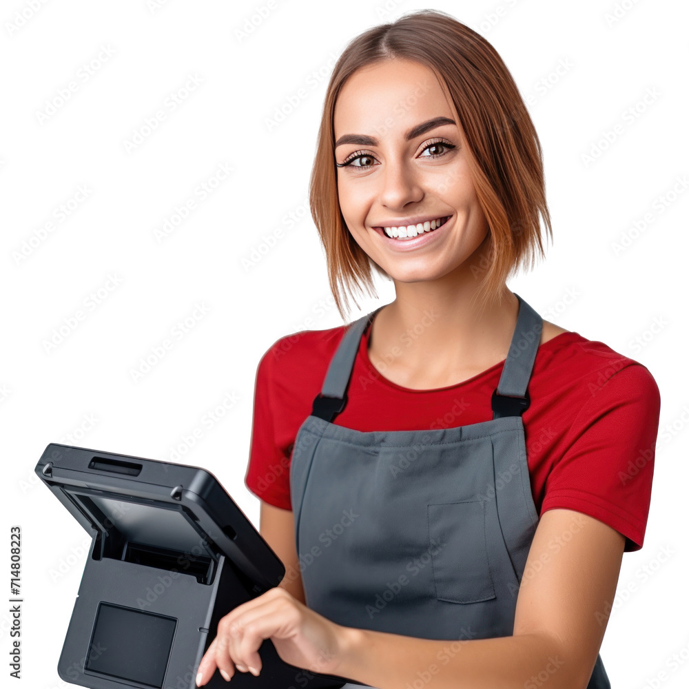 A female cashier, Portrait of smiling merchant uses touchpad to accept customer payments, small business cafe cafeteria isolated on a transparent background. A female cashier, Portrait of smiling merchant uses touchpad to accept customer payments, small business cafe cafeteria isolated on a transparent background.