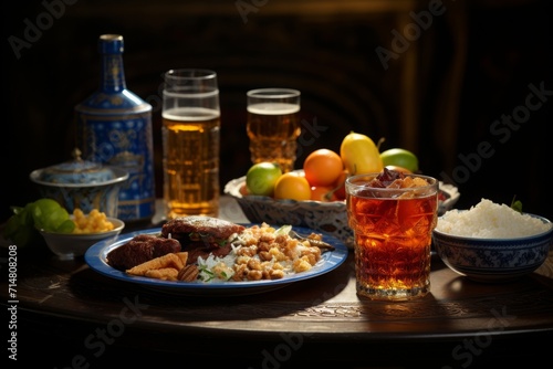 Eid al-fitr celebration with delicious food. A table full of food, rice, and various types of foods.